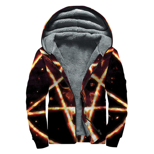 Flame Satanic Pentagram Print Sherpa Lined Zip Up Hoodie