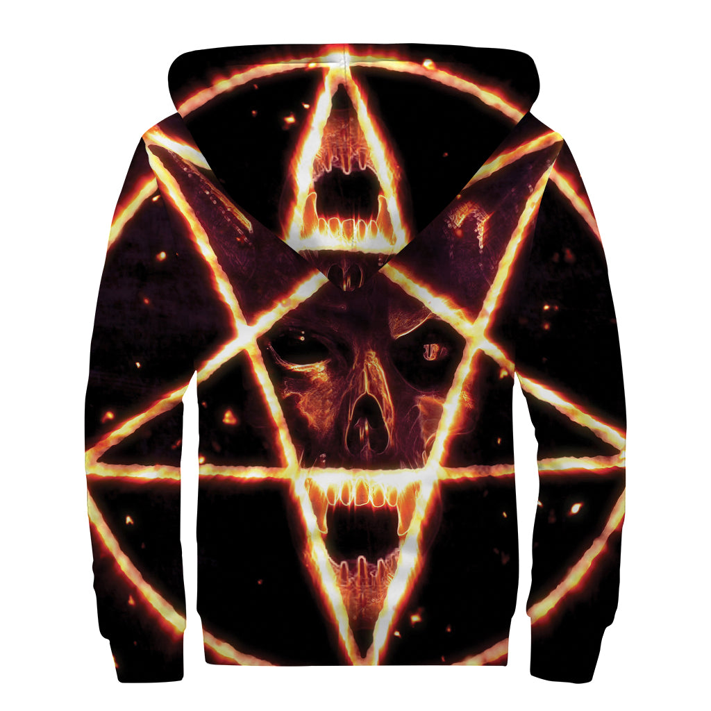 Flame Satanic Pentagram Print Sherpa Lined Zip Up Hoodie
