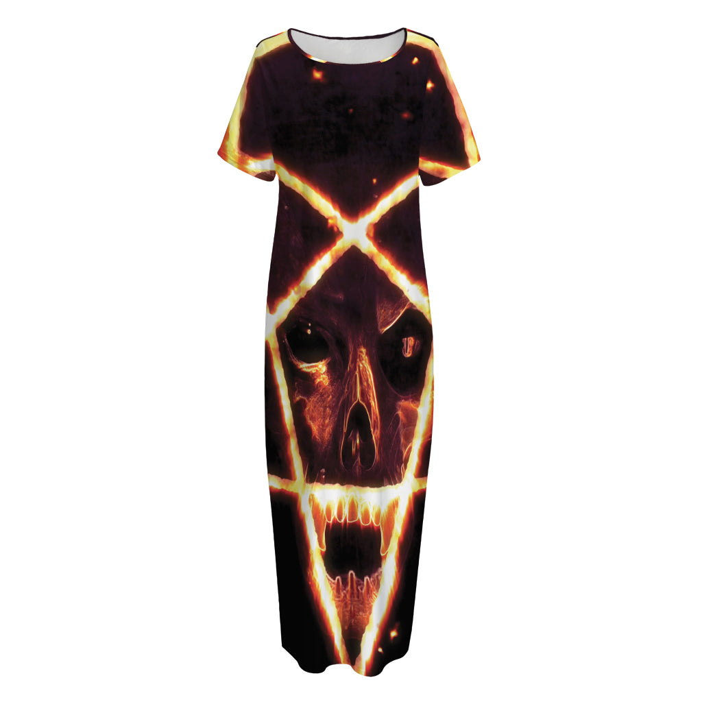 Flame Satanic Pentagram Print Short Sleeve Long Nightdress