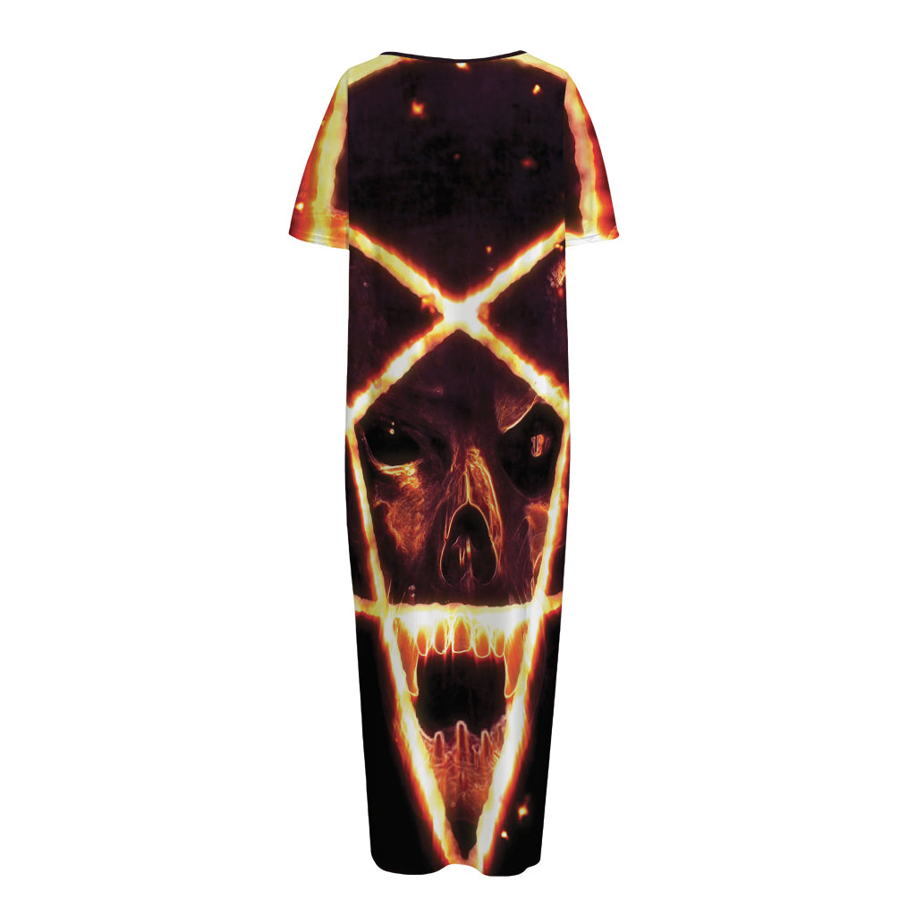 Flame Satanic Pentagram Print Short Sleeve Long Nightdress
