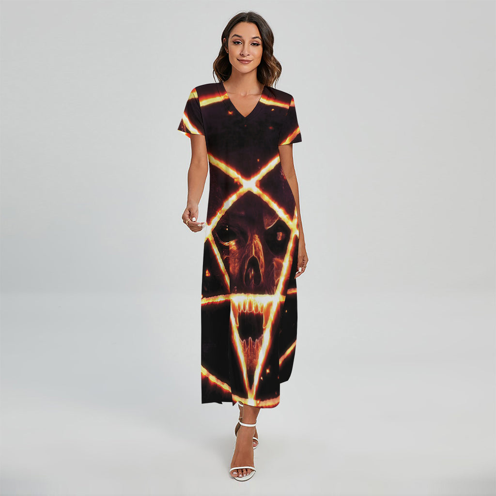 Flame Satanic Pentagram Print Short Sleeve Maxi Dress