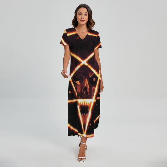 Flame Satanic Pentagram Print Short Sleeve Maxi Dress