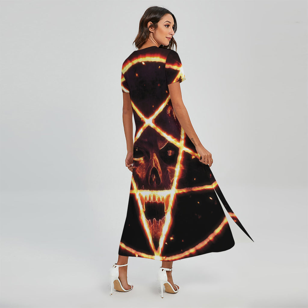 Flame Satanic Pentagram Print Short Sleeve Maxi Dress