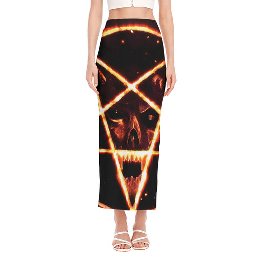 Flame Satanic Pentagram Print Side Slit Maxi Skirt