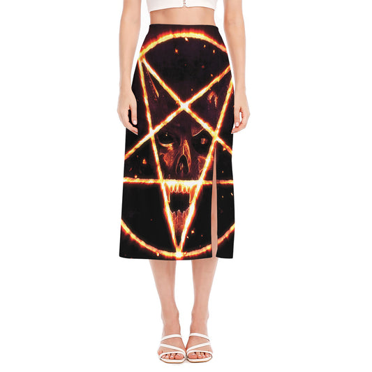 Flame Satanic Pentagram Print Side Slit Midi Skirt