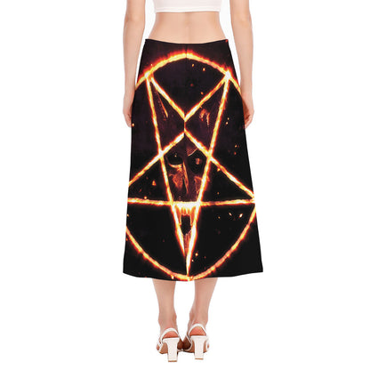 Flame Satanic Pentagram Print Side Slit Midi Skirt