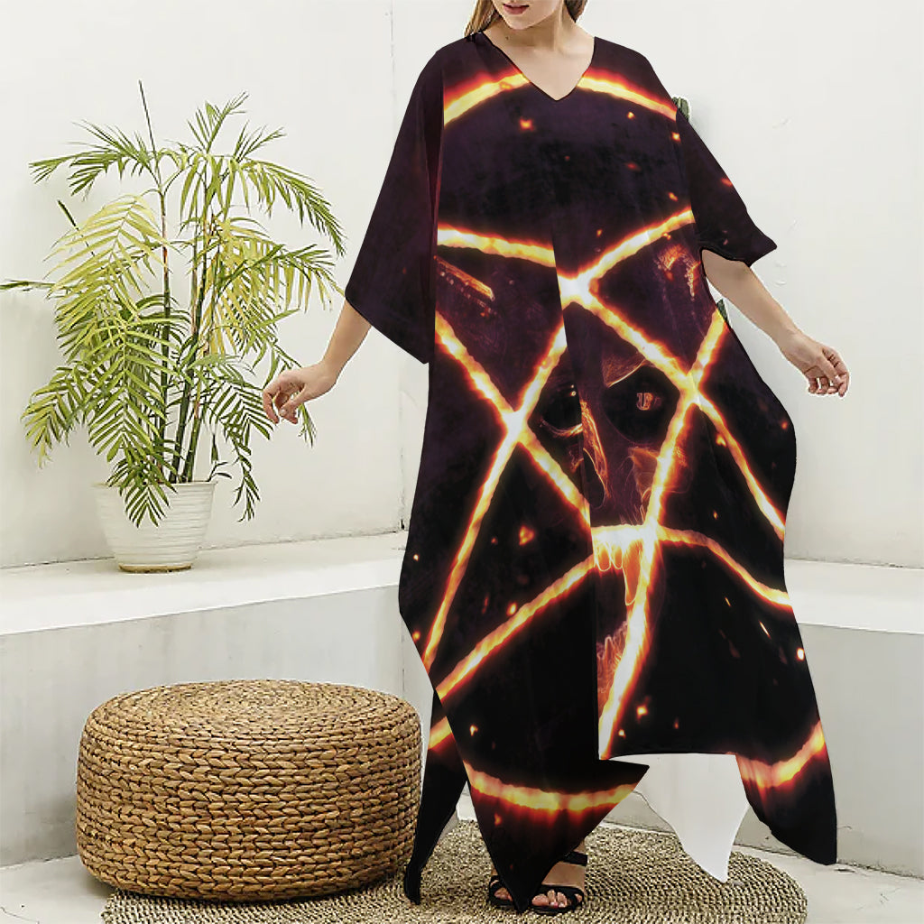 Flame Satanic Pentagram Print Silk V-Neck Kaftan Dress