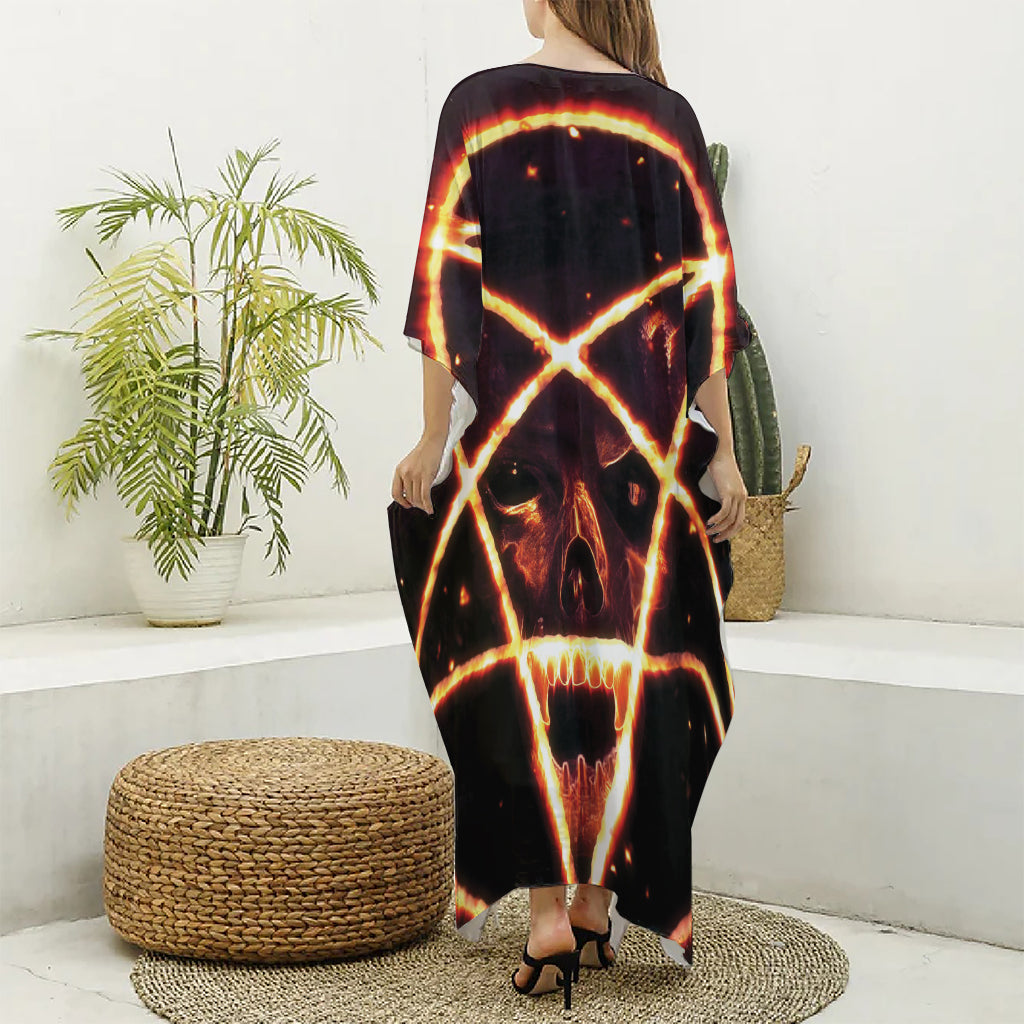 Flame Satanic Pentagram Print Silk V-Neck Kaftan Dress
