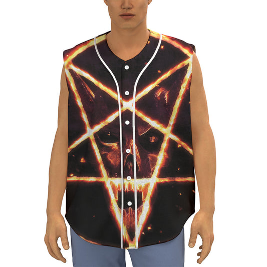 Flame Satanic Pentagram Print Sleeveless Baseball Jersey