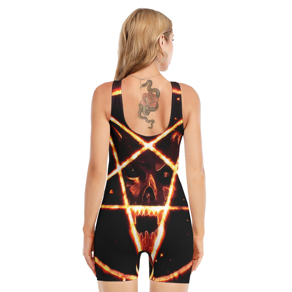 Flame Satanic Pentagram Print Sleeveless One Piece Swimsuit