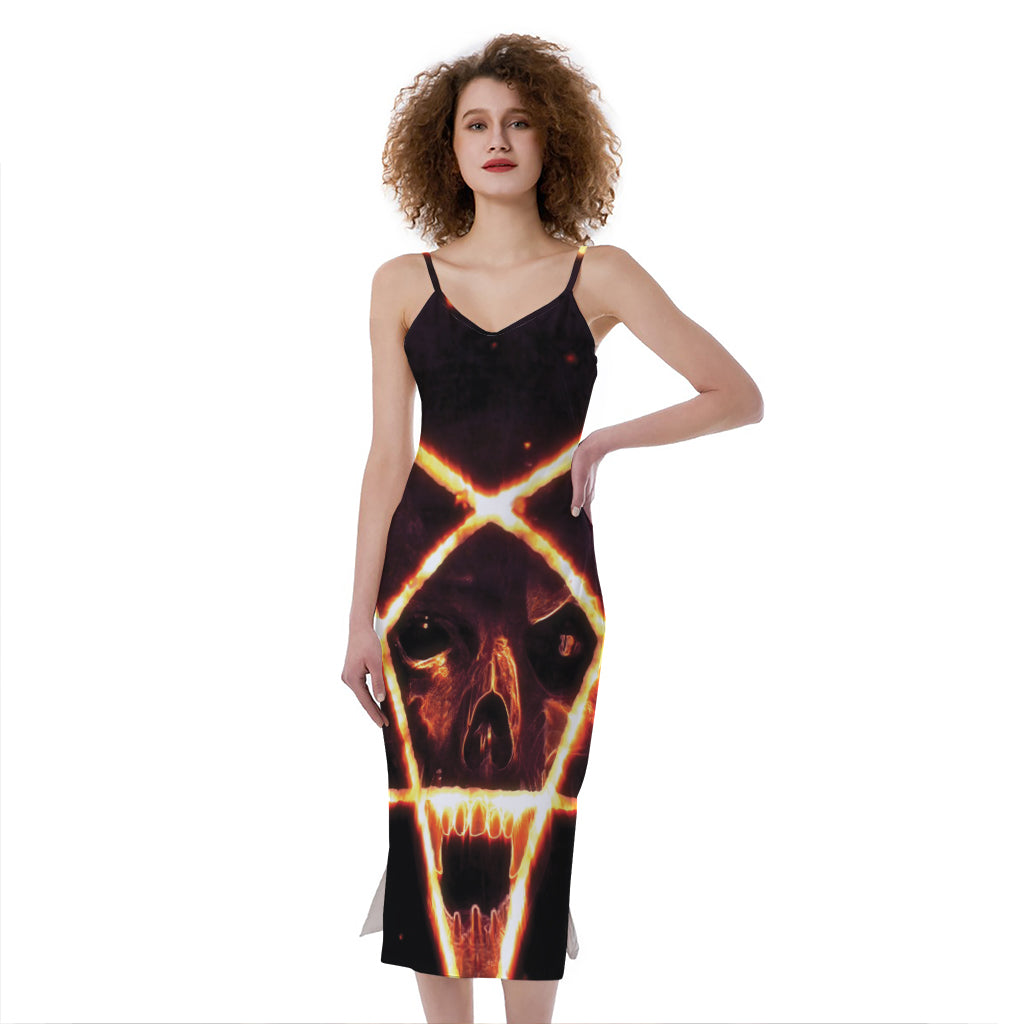 Flame Satanic Pentagram Print Slim Fit Midi Cami Dress