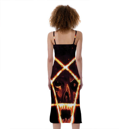 Flame Satanic Pentagram Print Slim Fit Midi Cami Dress