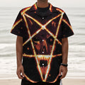 Flame Satanic Pentagram Print Textured Short Sleeve Shirt