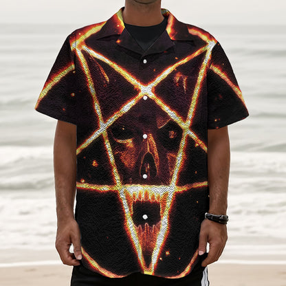 Flame Satanic Pentagram Print Textured Short Sleeve Shirt