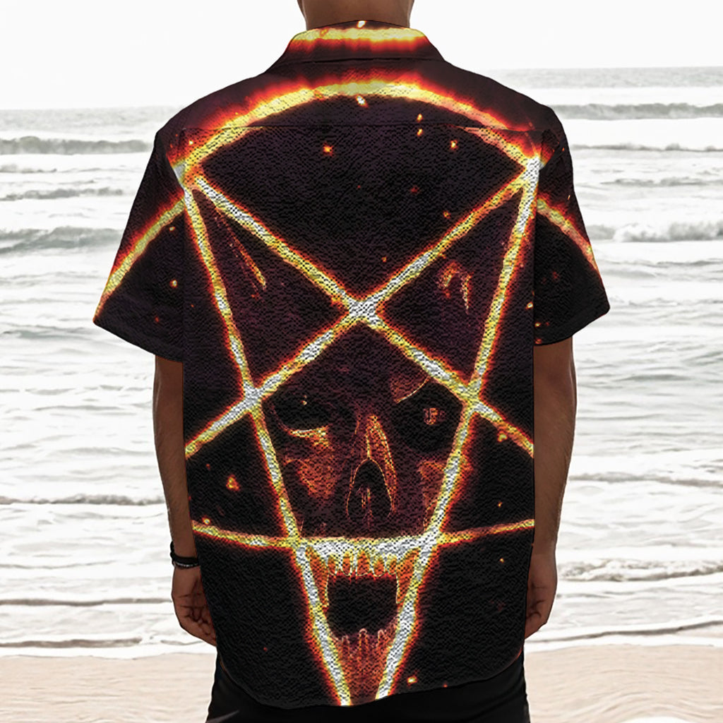 Flame Satanic Pentagram Print Textured Short Sleeve Shirt