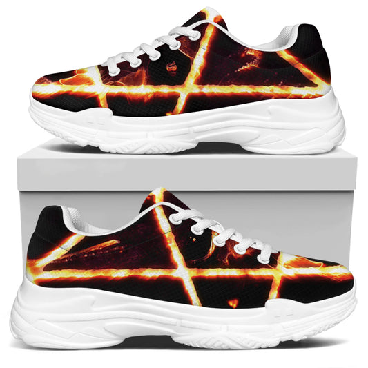 Flame Satanic Pentagram Print White Chunky Shoes