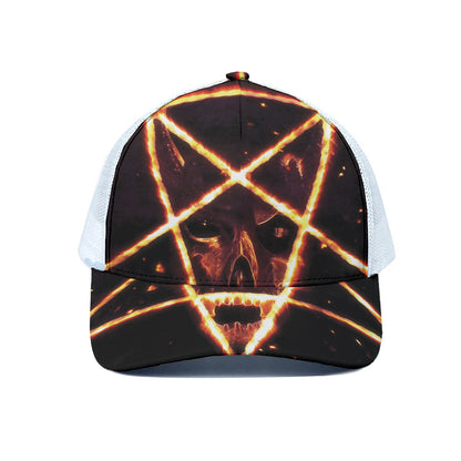 Flame Satanic Pentagram Print White Mesh Trucker Cap