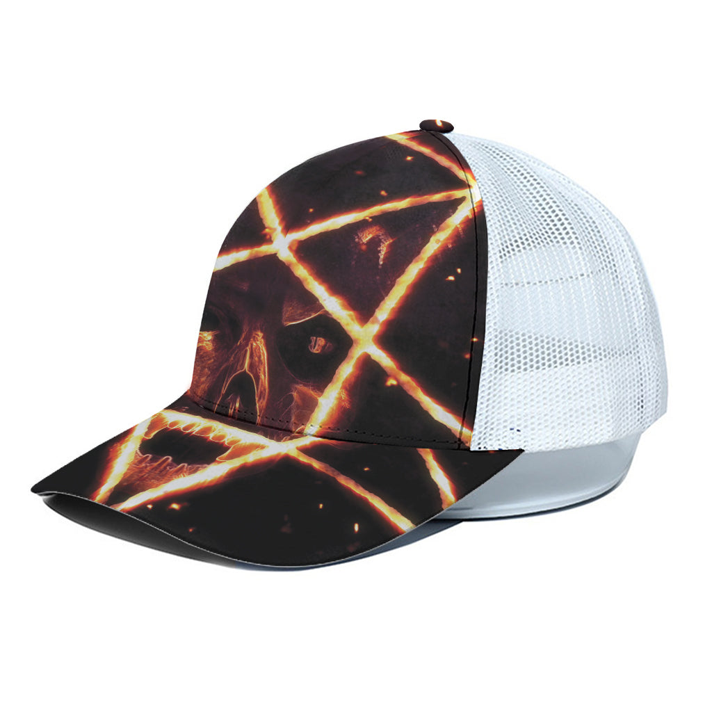 Flame Satanic Pentagram Print White Mesh Trucker Cap