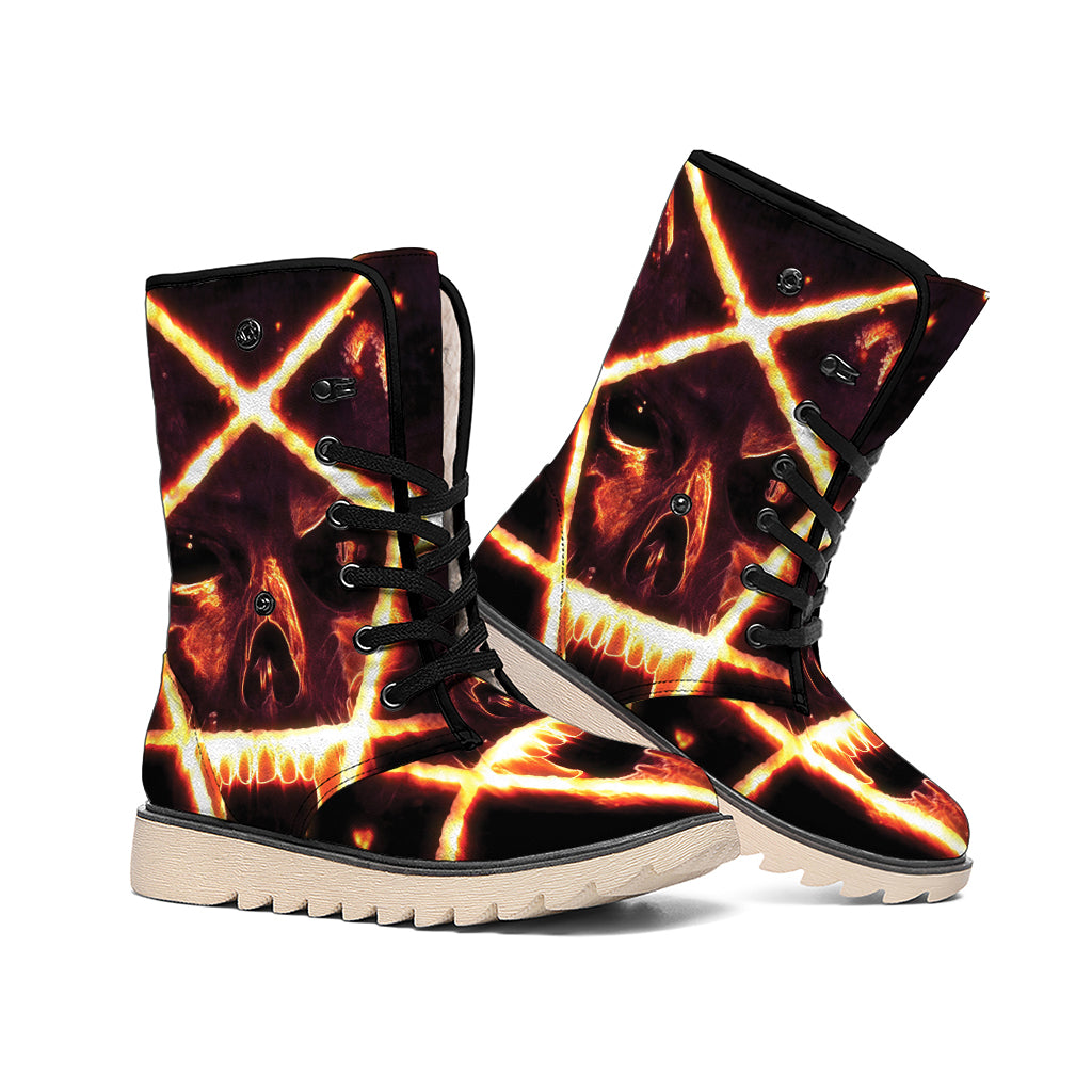 Flame Satanic Pentagram Print Winter Boots