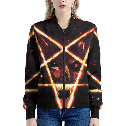 Flame Satanic Pentagram Print Women's Bomber Jacket