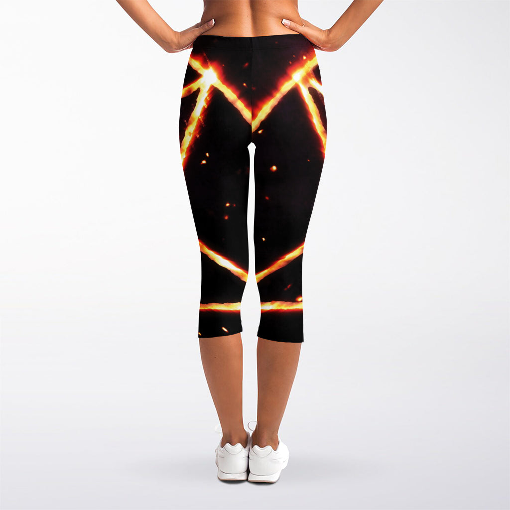 Flame Satanic Pentagram Print Women's Capri Leggings
