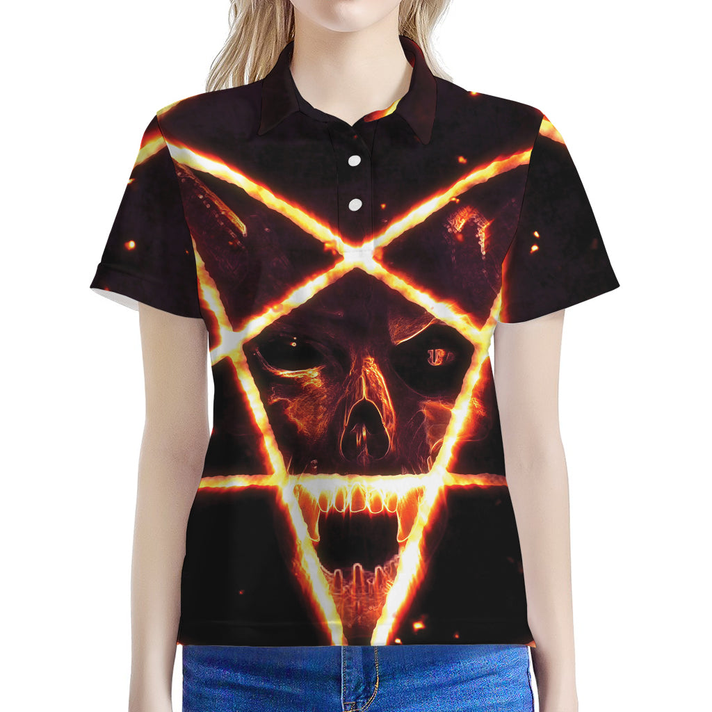 Flame Satanic Pentagram Print Women's Polo Shirt