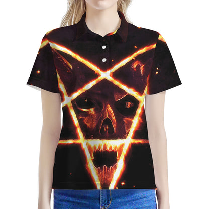 Flame Satanic Pentagram Print Women's Polo Shirt