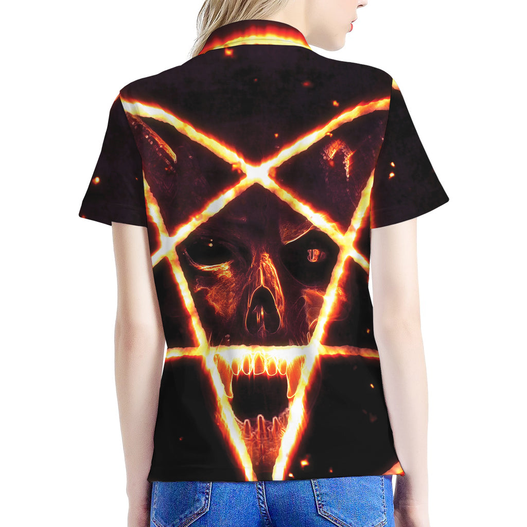 Flame Satanic Pentagram Print Women's Polo Shirt