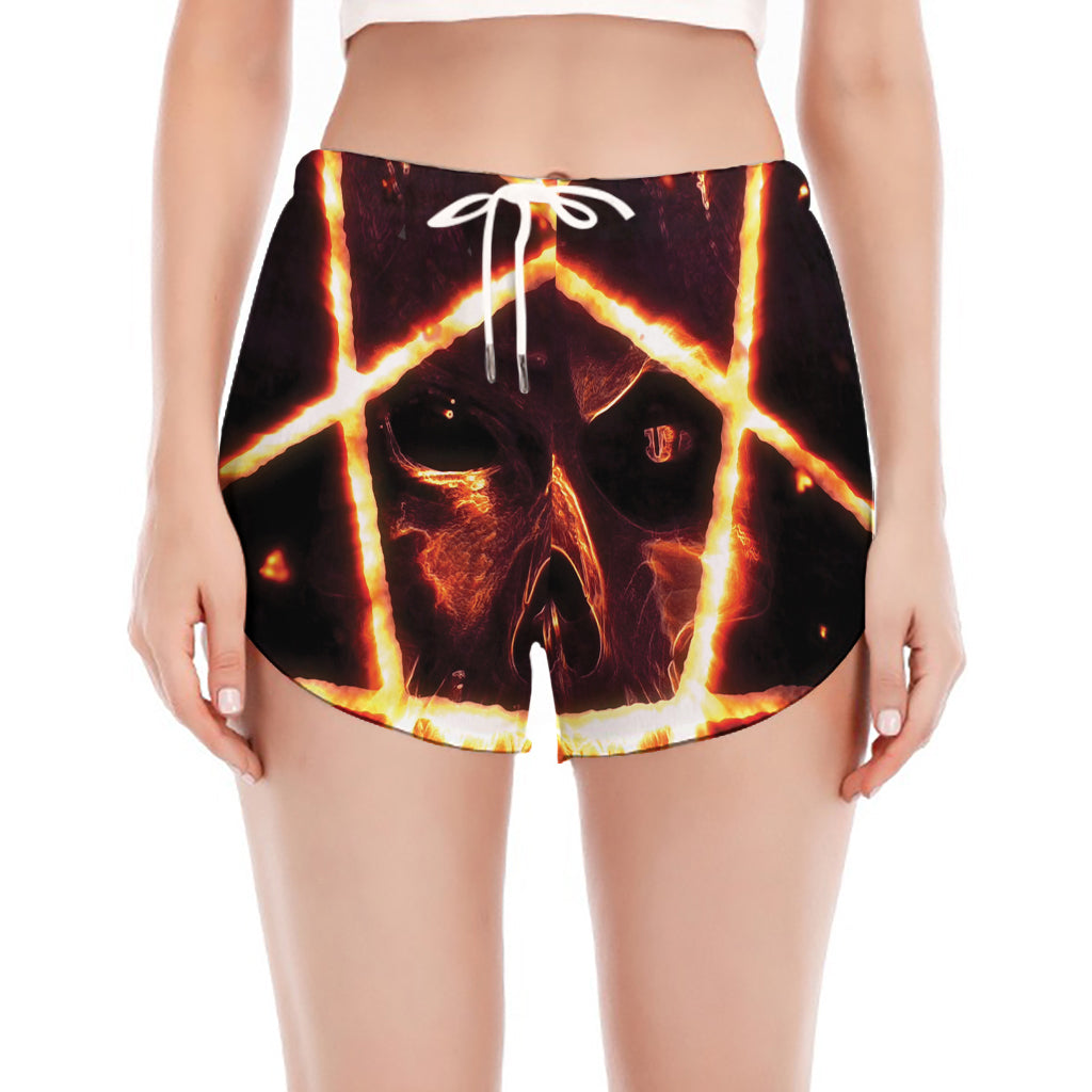 Flame Satanic Pentagram Print Women's Split Running Shorts