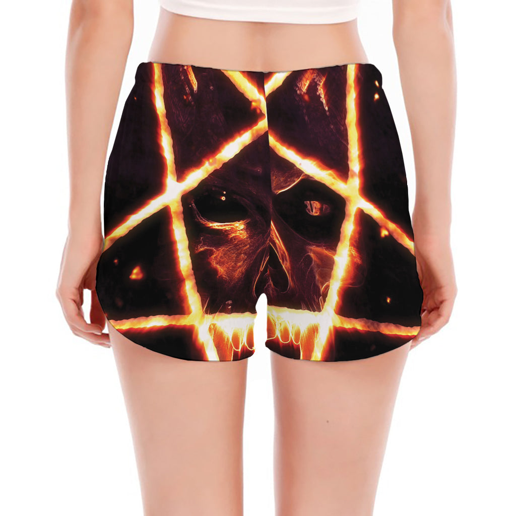 Flame Satanic Pentagram Print Women's Split Running Shorts