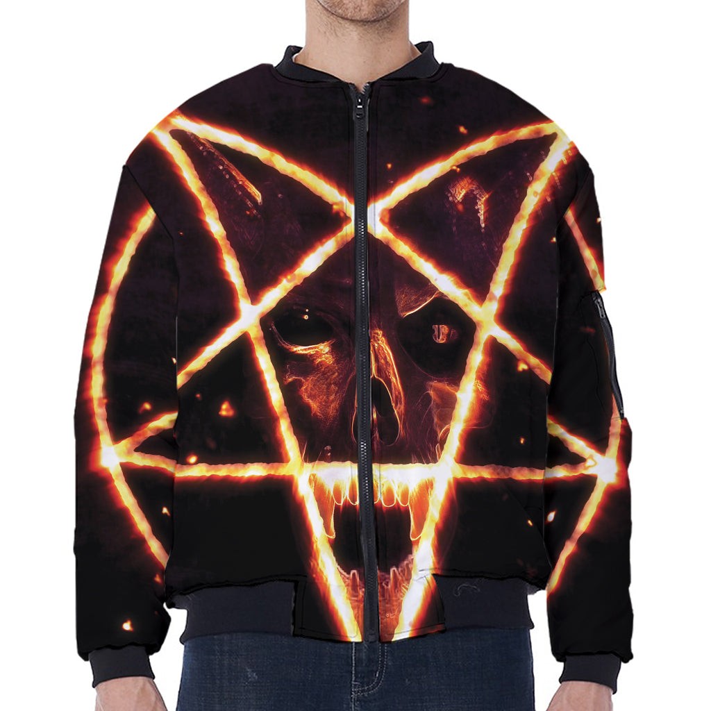 Flame Satanic Pentagram Print Zip Sleeve Bomber Jacket
