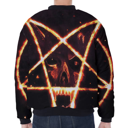 Flame Satanic Pentagram Print Zip Sleeve Bomber Jacket