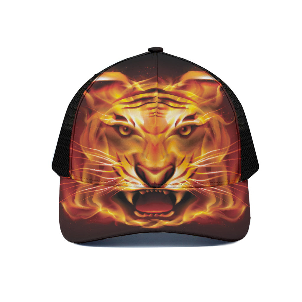 Flame Tiger Print Black Mesh Trucker Cap