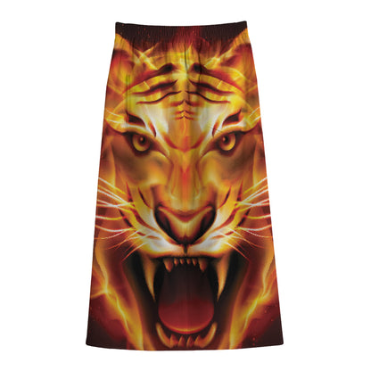 Flame Tiger Print Cotton Front Slit Maxi Skirt