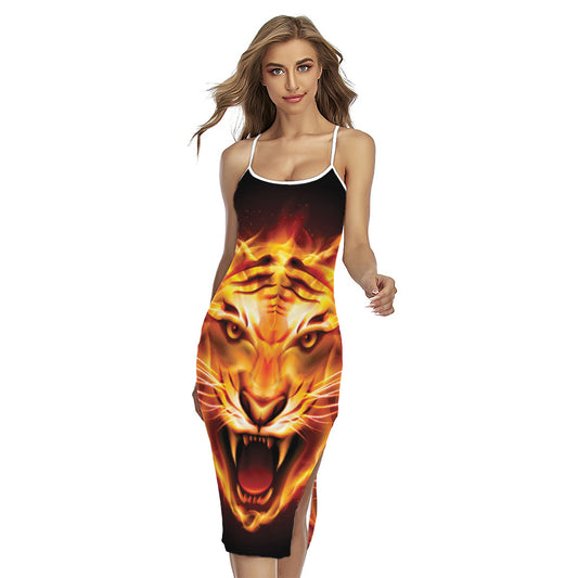 Flame Tiger Print Cross Back Cami Dress