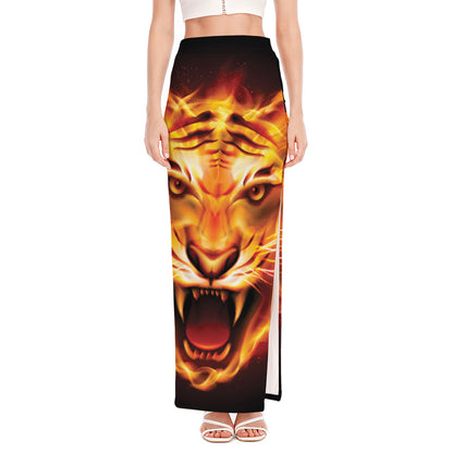 Flame Tiger Print High Slit Maxi Skirt