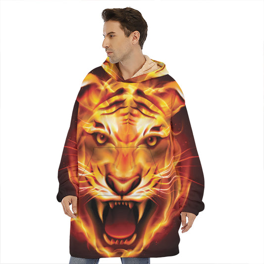 Flame Tiger Print Hoodie Blanket