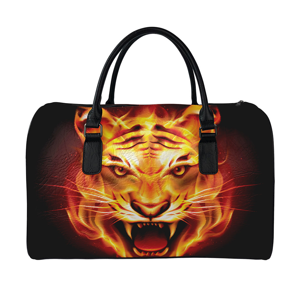 Flame Tiger Print Leather Duffle Bag