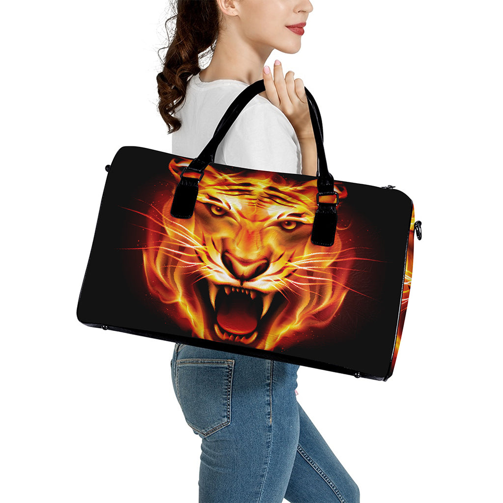 Flame Tiger Print Leather Duffle Bag