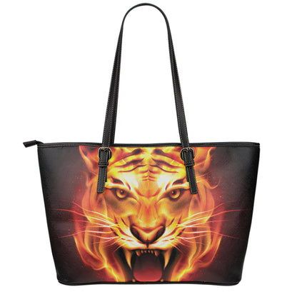 Flame Tiger Print Leather Tote Bag