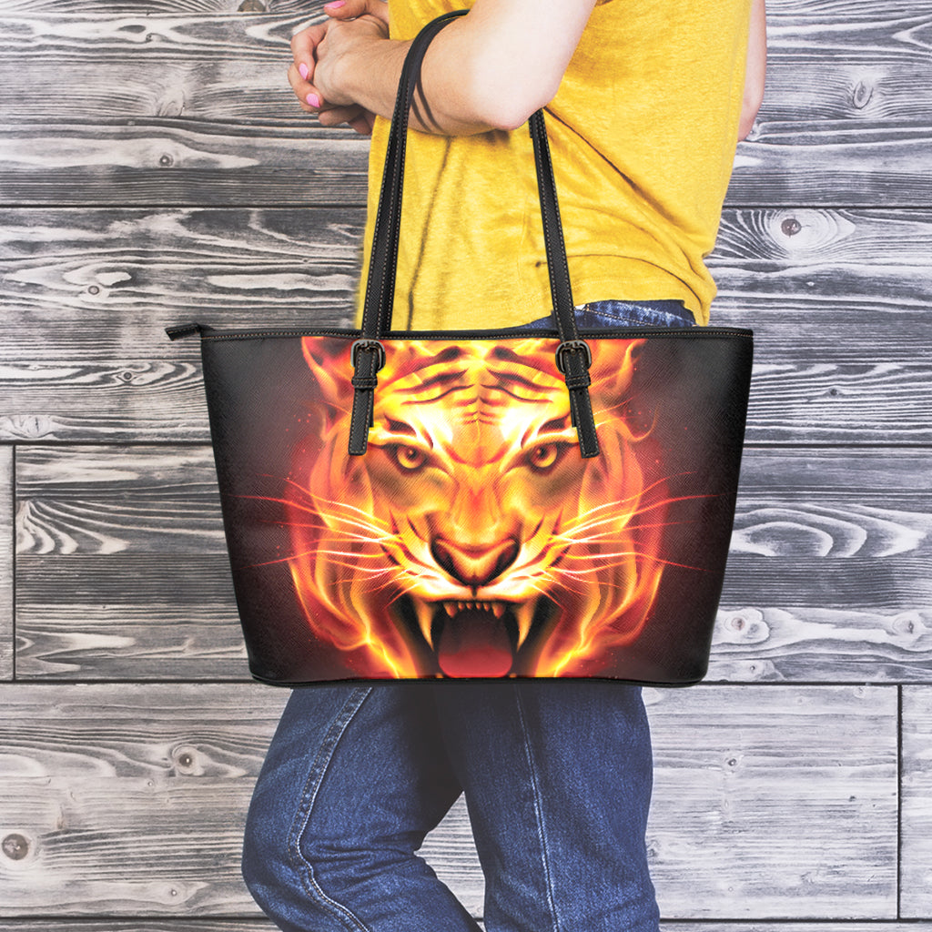 Flame Tiger Print Leather Tote Bag
