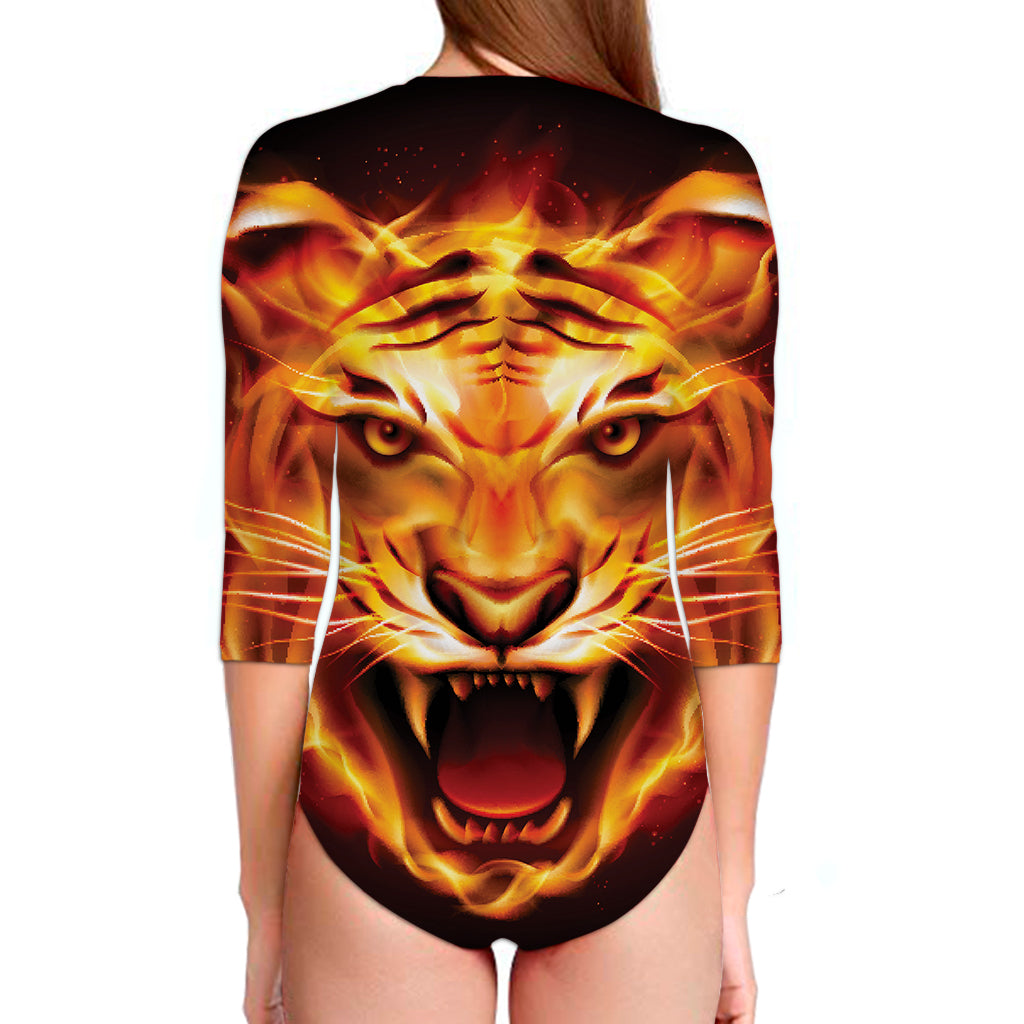 Flame Tiger Print Long Sleeve Swimsuit