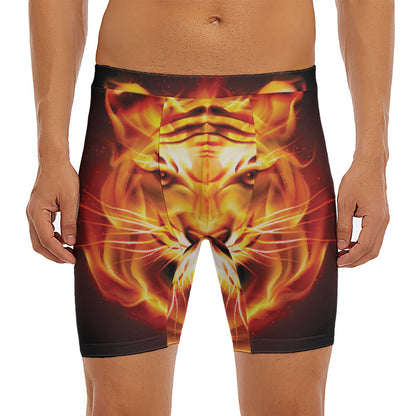 Flame Tiger Print Men's Long Boxer Briefs