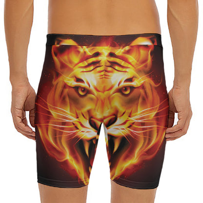 Flame Tiger Print Men's Long Boxer Briefs