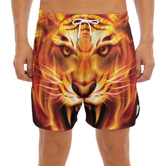 Flame Tiger Print Men's Split Running Shorts