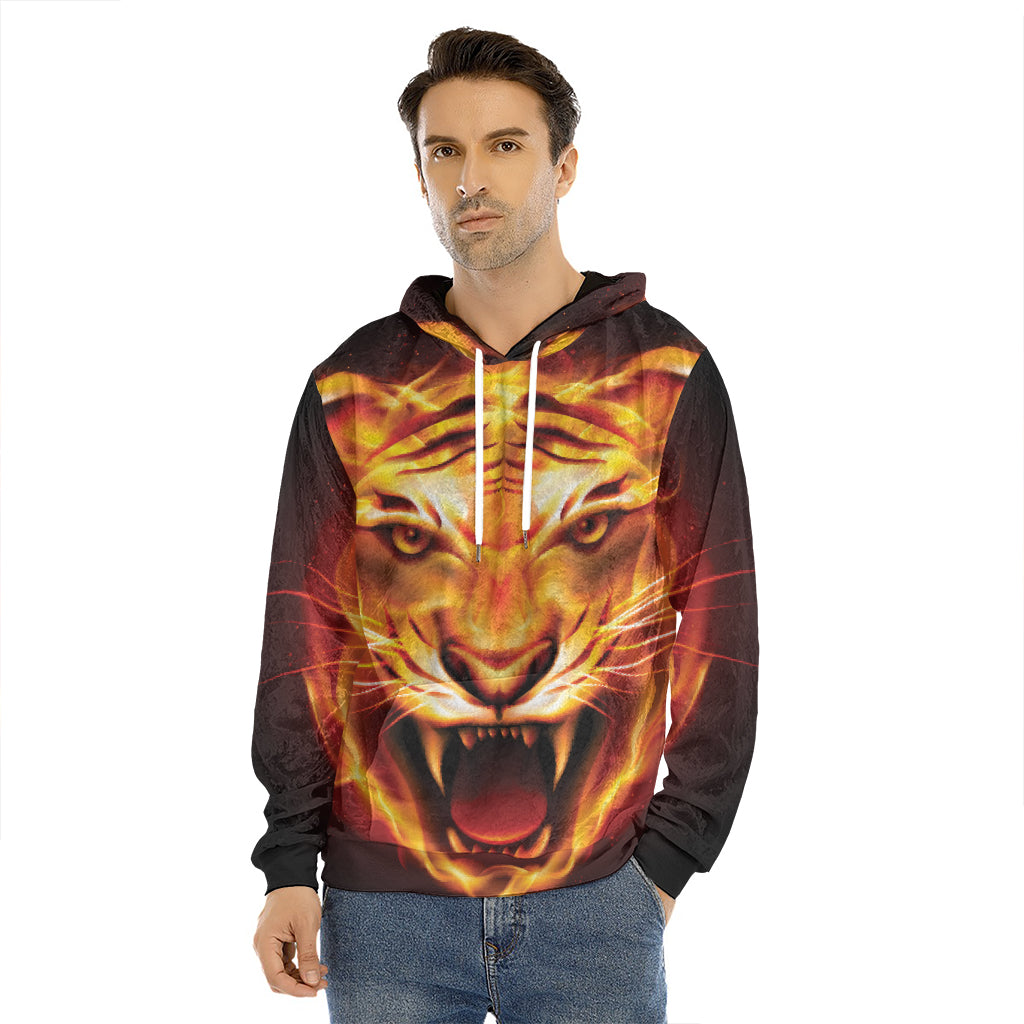 Flame Tiger Print Men's Velvet Pullover Hoodie
