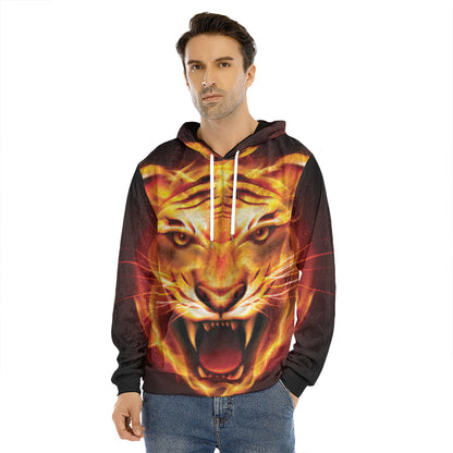 Flame Tiger Print Men's Velvet Pullover Hoodie