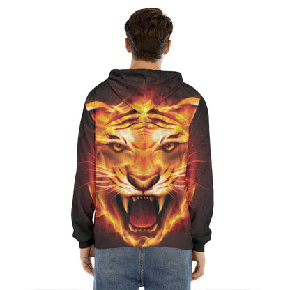 Flame Tiger Print Men's Velvet Pullover Hoodie