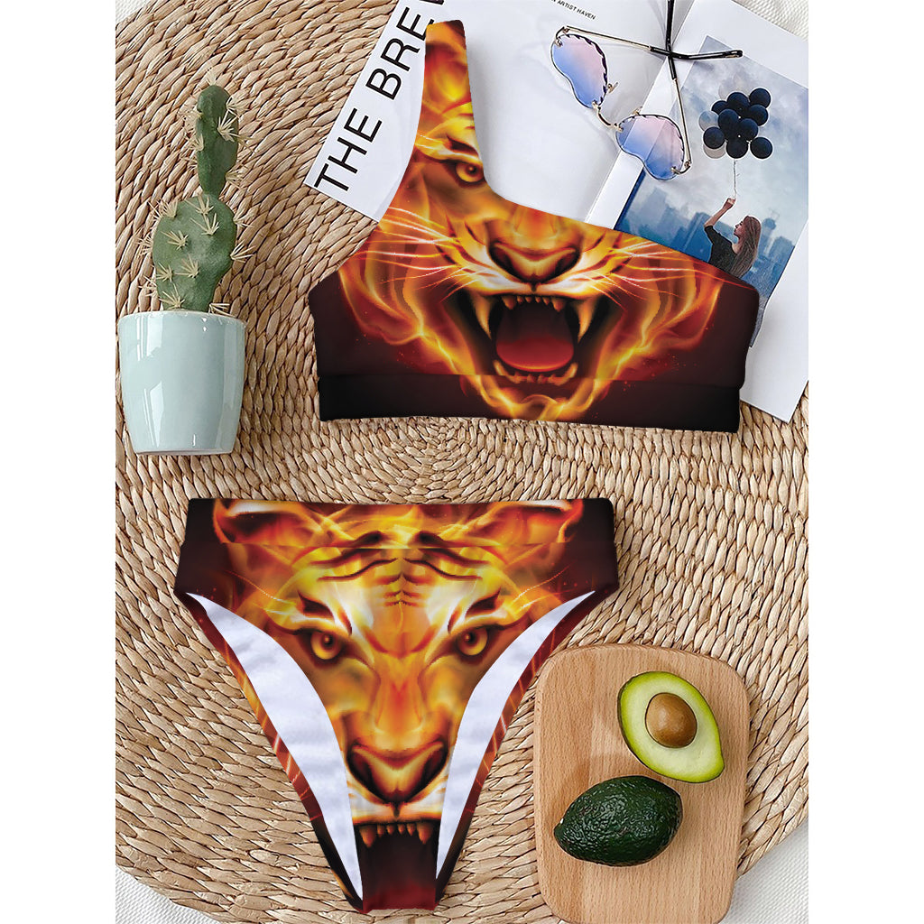 Flame Tiger Print One Shoulder Bikini Top