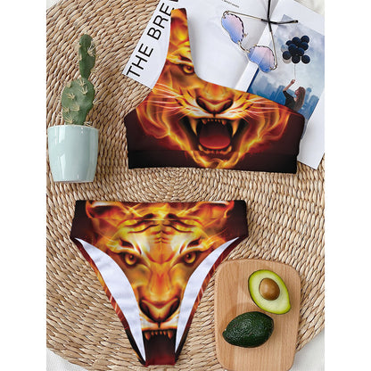 Flame Tiger Print One Shoulder Bikini Top